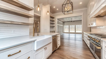 A spacious luxury kitchen with a modern farmhouse aesthetic: open shelving, a shiplap backsplash, and a large apron-front sink paired with brass fixtures.の素材