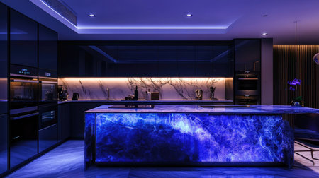 A luxury kitchen with a futuristic design: glossy black cabinetry, touch-screen appliances, and an underlit marble island. Soft ambient lighting creates a cozy atmosphere.の素材