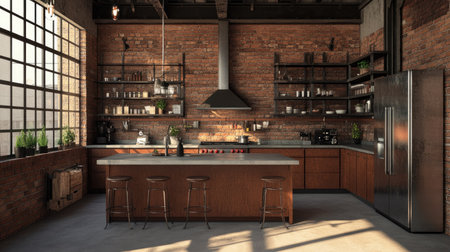 A luxury kitchen with an industrial-chic design: exposed brick walls, polished concrete floors, and custom steel shelving. An oversized island offers ample workspace.の素材