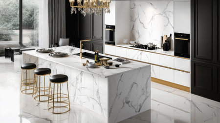 A modern luxury kitchen with white marble countertops, gold-accented fixtures, and high-end stainless steel appliances. A central island with bar stools and a chandelier above.の素材