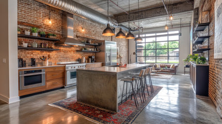 A luxury kitchen with an industrial-chic design: exposed brick walls, polished concrete floors, and custom steel shelving. An oversized island offers ample workspace.の素材
