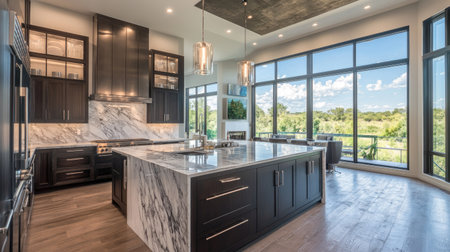 An open-concept luxury kitchen featuring dark wood cabinets, a sleek marble waterfall island, and recessed lighting. Large windows with a cityscape view.の素材