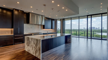 An open-concept luxury kitchen featuring dark wood cabinets, a sleek marble waterfall island, and recessed lighting. Large windows with a cityscape view.の素材