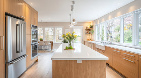 A bright modern kitchen featuring a combination of light oak cabinetry, a glossy white island, and large windows letting in natural light. A cozy dining area is adjacent.の素材