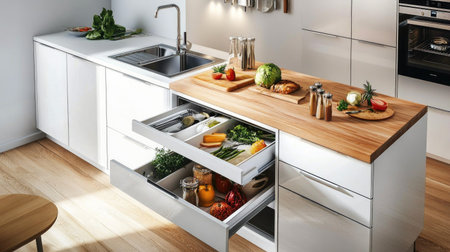 A compact modern kitchen with space-saving design: glossy white cabinets, pull-out storage solutions, and a small island doubling as a dining table.の素材