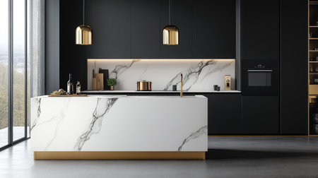 A high-contrast modern kitchen with matte black cabinetry, a white marble island, and gold fixtures. Hanging pendant lights add an elegant finishing touch.の素材