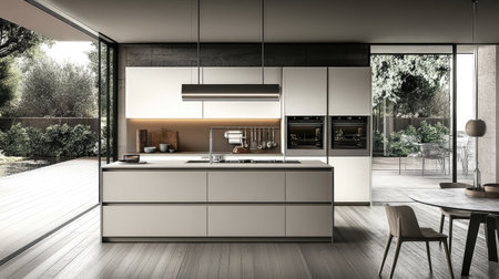 A modern kitchen featuring an open-plan layout, matte white cabinetry, a central island with a sink, and sliding glass doors leading to a terrace.の素材