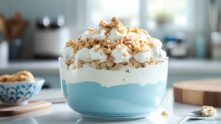 A modern coastal kitchen with light blue cabinetry, white quartz countertops, and driftwood-style bar stools. Large windows bring in natural sunlight.の素材