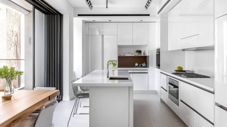 A compact modern kitchen with space-saving design: glossy white cabinets, pull-out storage solutions, and a small island doubling as a dining table.の素材