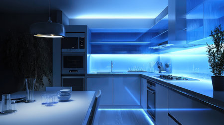 A futuristic modern kitchen featuring smart appliances, touch-sensitive surfaces, and an illuminated backsplash with LED lighting for a tech-forward design.の素材