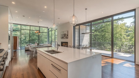 A modern kitchen featuring an open-plan layout, matte white cabinetry, a central island with a sink, and sliding glass doors leading to a terrace.の素材