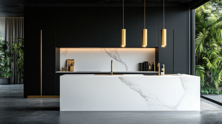 A high-contrast modern kitchen with matte black cabinetry, a white marble island, and gold fixtures. Hanging pendant lights add an elegant finishing touch.の素材