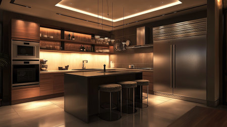 A high-end modern kitchen with dual ovens, a large stainless steel fridge, and a breakfast bar with chic upholstered stools. Recessed lighting adds a soft glow.の素材