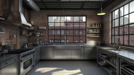 A modern industrial kitchen featuring exposed brick walls, open shelving, and steel countertops. Large windows let in plenty of natural light.の素材