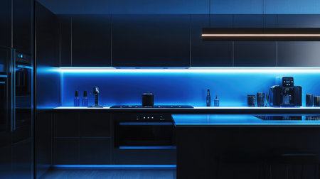 A futuristic modern kitchen featuring smart appliances, touch-sensitive surfaces, and an illuminated backsplash with LED lighting for a tech-forward design.の素材
