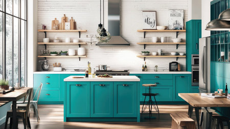 A modern kitchen with a bold pop of color: turquoise cabinets paired with white walls, open shelving, and industrial-style pendant lights above the island.の素材