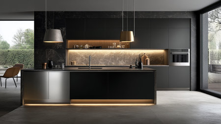 A sleek modern kitchen with flat-panel cabinets, a stainless steel backsplash, and an island with a waterfall quartz countertop. Pendant lights provide a warm glow.の素材