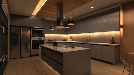 A sleek modern kitchen with flat-panel cabinets, a stainless steel backsplash, and an island with a waterfall quartz countertop. Pendant lights provide a warm glow.の素材