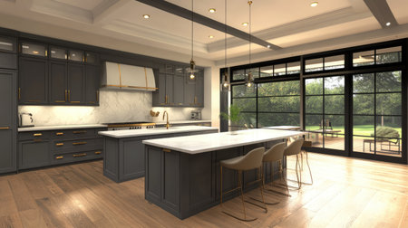 A spacious modern kitchen with an open floor plan, a central island with bar seating, and matte gray cabinets complemented by brass hardware.の素材