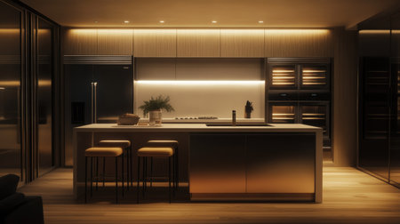A high-end modern kitchen with dual ovens, a large stainless steel fridge, and a breakfast bar with chic upholstered stools. Recessed lighting adds a soft glow.の素材