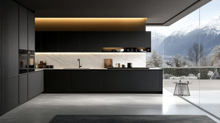 A minimalist modern kitchen with handleless matte black cabinets, a white marble backsplash, and integrated appliances for a clean, streamlined look.の素材