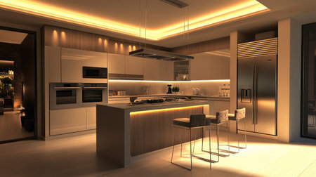 A high-end modern kitchen with dual ovens, a large stainless steel fridge, and a breakfast bar with chic upholstered stools. Recessed lighting adds a soft glow.の素材