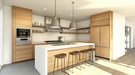A modern Scandinavian-inspired kitchen with natural wood cabinets, a white tile backsplash, and minimalist bar stools around a central island.の素材
