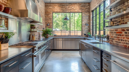 A modern industrial kitchen featuring exposed brick walls, open shelving, and steel countertops. Large windows let in plenty of natural light.の素材