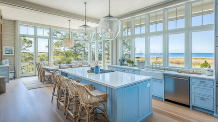 A modern coastal kitchen with light blue cabinetry, white quartz countertops, and driftwood-style bar stools. Large windows bring in natural sunlight.の素材