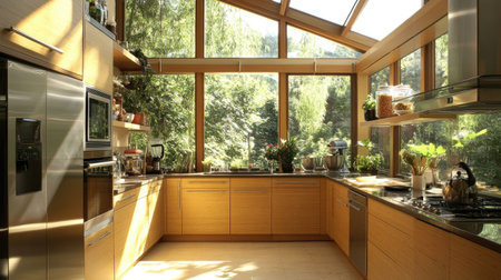 A modern eco-friendly kitchen with bamboo cabinetry, energy-efficient appliances, and a large skylight for natural light. A perfect balance of design and sustainability.の素材