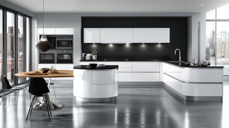 A modern kitchen with a monochrome palette, showcasing white cabinets, black countertops, and a polished concrete floor. Recessed lighting enhances the sleek design.の素材