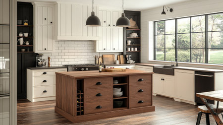 A modern farmhouse kitchen with a shiplap backsplash, matte black hardware, and a central island with a butcher block countertop. Warm and inviting.の素材
