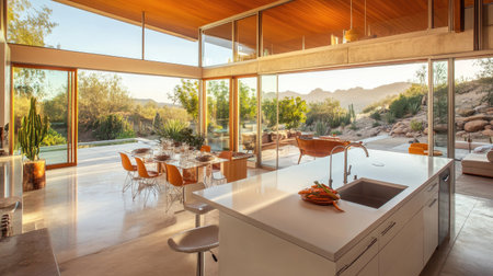 A modern kitchen with floor-to-ceiling glass walls overlooking a lush outdoor patio. The design includes sleek white cabinetry and a central island with a sink.の素材