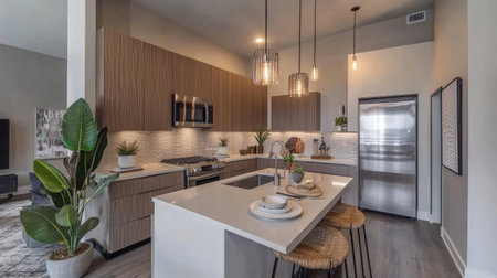 A sleek modern kitchen with flat-panel cabinets, a stainless steel backsplash, and an island with a waterfall quartz countertop. Pendant lights provide a warm glow.の素材