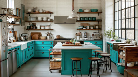 A modern kitchen with a bold pop of color: turquoise cabinets paired with white walls, open shelving, and industrial-style pendant lights above the island.の素材