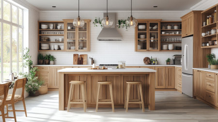 A modern Scandinavian-inspired kitchen with natural wood cabinets, a white tile backsplash, and minimalist bar stools around a central island.の素材