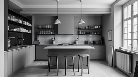 A spacious modern kitchen with an open floor plan, a central island with bar seating, and matte gray cabinets complemented by brass hardware.の素材