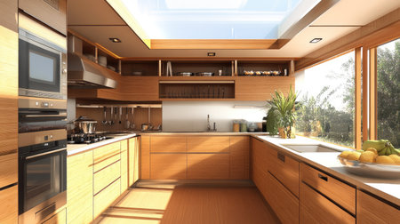 A modern eco-friendly kitchen with bamboo cabinetry, energy-efficient appliances, and a large skylight for natural light. A perfect balance of design and sustainability.の素材