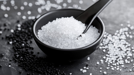 A modern kitchen with a monochrome palette, showcasing white cabinets, black countertops, and a polished concrete floor. Recessed lighting enhances the sleek design.の素材