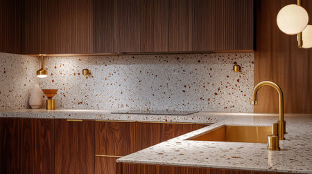 A modern kitchen with a mid-century touch: walnut cabinetry, brass fixtures, and terrazzo countertops create a unique and timeless design.の素材