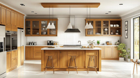 A modern Scandinavian-inspired kitchen with natural wood cabinets, a white tile backsplash, and minimalist bar stools around a central island.の素材