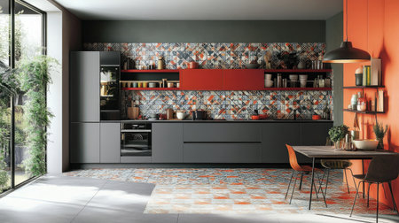 A vibrant modern kitchen with colorful open shelving, matte gray cabinets, and a patterned tile backsplash that adds character to the space.の素材