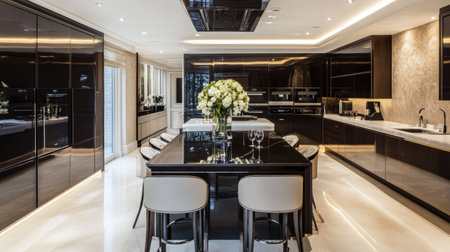 A modern luxury kitchen with a sleek white and black palette, seamless built-in appliances, and a central island with a glossy finish. High-end and stylish.の素材