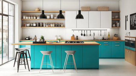 A modern kitchen with a bold pop of color: turquoise cabinets paired with white walls, open shelving, and industrial-style pendant lights above the island.の素材