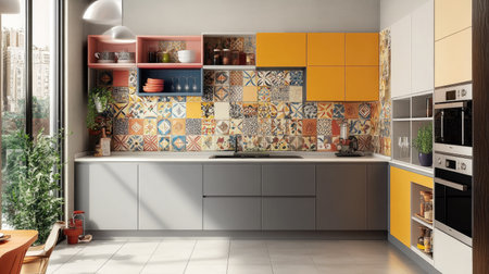 A vibrant modern kitchen with colorful open shelving, matte gray cabinets, and a patterned tile backsplash that adds character to the space.の素材