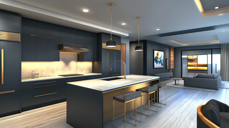 A spacious modern kitchen with an open floor plan, a central island with bar seating, and matte gray cabinets complemented by brass hardware.の素材