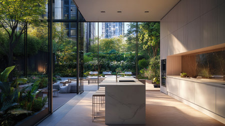 A modern kitchen with floor-to-ceiling glass walls overlooking a lush outdoor patio. The design includes sleek white cabinetry and a central island with a sink.の素材