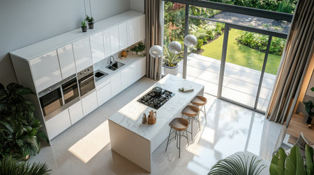 A bird-eye view of a bright modern kitchen with a central island, white marble worktops, and integrated stainless steel appliances. Oversized windows reveal a lush garden.の素材