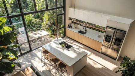 A bird-eye view of a bright modern kitchen with a central island, white marble worktops, and integrated stainless steel appliances. Oversized windows reveal a lush garden.の素材