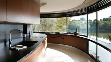 A modern kitchen interior with a curved counter in pastel brown laminate, sleek black countertops, and minimalist decor. Large windows bring in abundant natural light.の素材